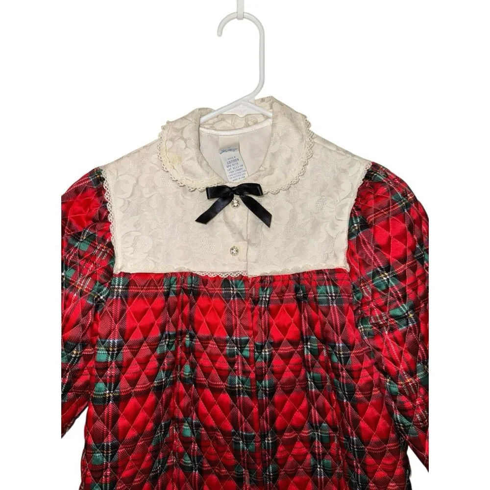 Her Majesty Vintage Girls Robe Quilted Red Plaid Christmas Lace SZ 8